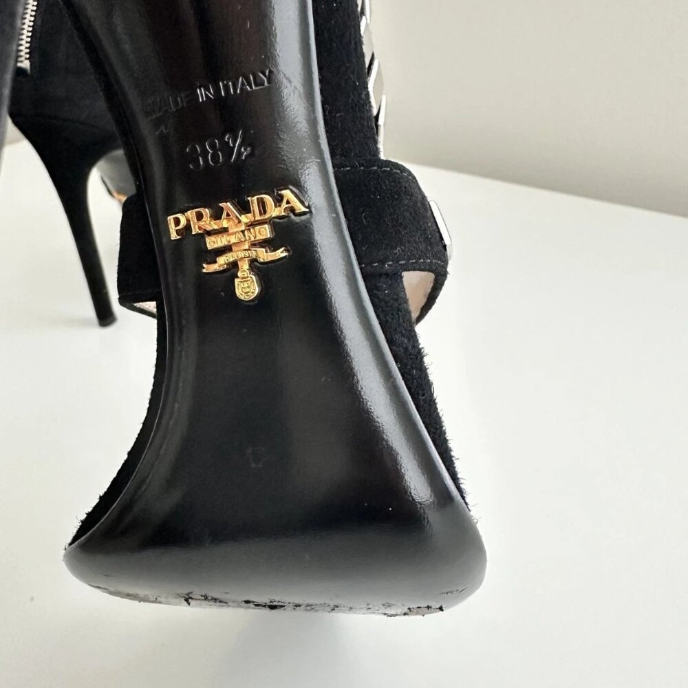 PRADA Black Suede Silver Studded Strappy Sandals Heels Size 38.5 (US 8.5) - Picture 11 of 11